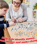 Kid Friendly Money Mastery Activity Set For Learning And Hands On Pretend Play with play bills and coins on table