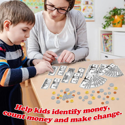 Kid Friendly Money Mastery Activity Set For Learning And Hands On Pretend Play with play bills and coins on table