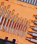 Orange plastic case with 19-piece screw extractor and left-hand drill bit set; HSS bits for removing stripped screws
