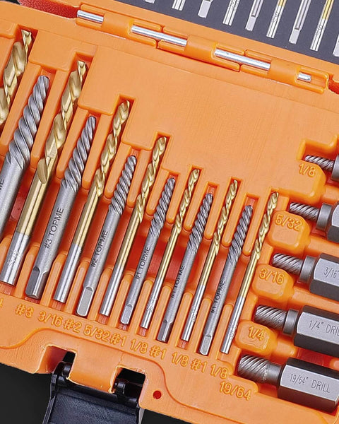Orange plastic case with 19-piece screw extractor and left-hand drill bit set; HSS bits for removing stripped screws