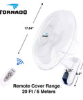 16 Inch Oscillating Wall Mount Fan With Remote Control 3 Speed 2050 CFM shown with dimensions and remote