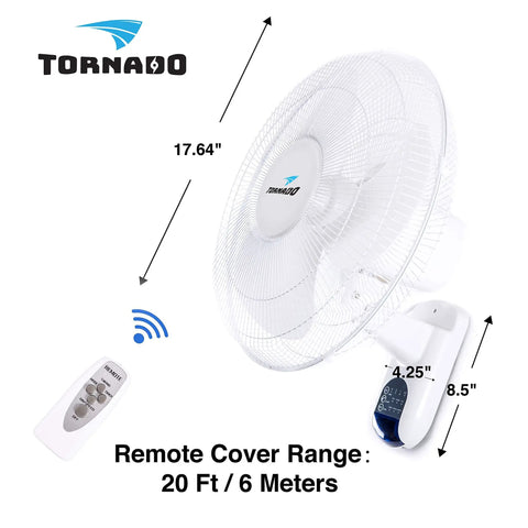 16 Inch Oscillating Wall Mount Fan With Remote Control 3 Speed 2050 CFM shown with dimensions and remote