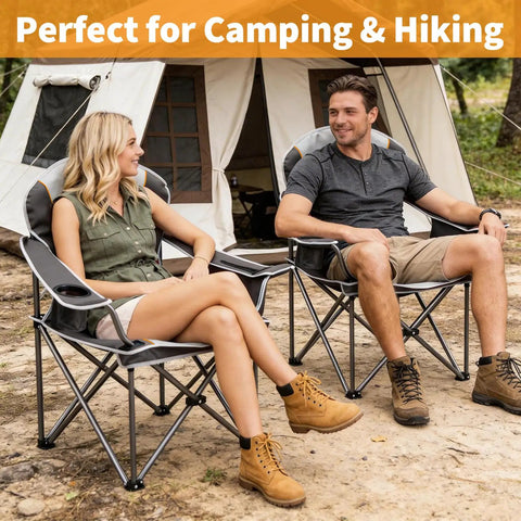 Oversized Folding Camping Chair For Adults With Cup Holders Portable Outdoor Collapsible Seat Beefy 500 Lbs Capacity Black
