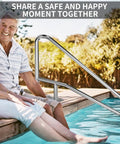 Smooth Sail Setup Hella Sturdy 304 Stainless Steel Inground Pool Handrail Safety Grab Bar visible by the pool, promoting safe entry.