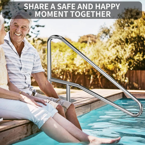 Smooth Sail Setup Hella Sturdy 304 Stainless Steel Inground Pool Handrail Safety Grab Bar visible by the pool, promoting safe entry.