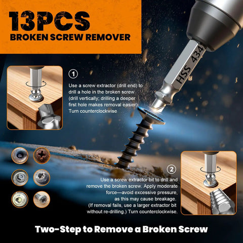 Go To 13 Piece Damaged Screw Extractor Kit for Removing Rusted and Stripped Screws, featuring double head extractors in use