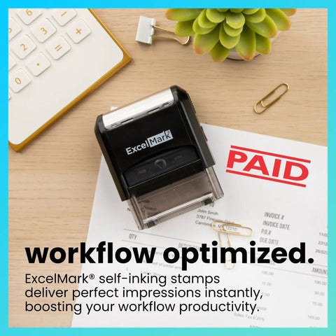 Slick Self Inking Rubber Stamp With Bold Red Ink For Quick Paid Documents On Desk With Paperwork and Stationery.