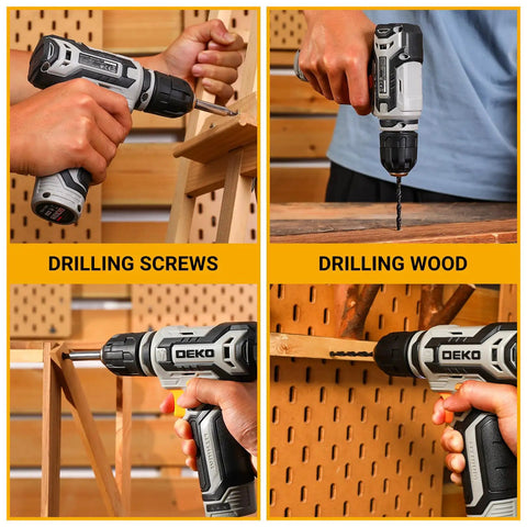 12V Cordless Drill Kit With LED Light, Handy DIY Power Drill for wood and plastic shown in various drilling tasks