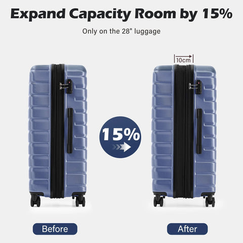 Blue hard-shell luggage set with spinner wheels; 28-inch expandable checked bags, side-by-side view