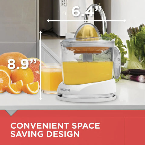 Electric Citrus Juicer With 32 Ounce Pitcher No Fuss Pressure Activated Adjustable Pulp Control Self Reversing Reamer on counter
