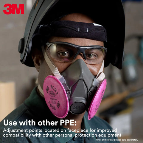 Person wearing Half Facepiece Reusable Respirator 6100 NIOSH Approved with Four Point Harness for Painting and Sanding