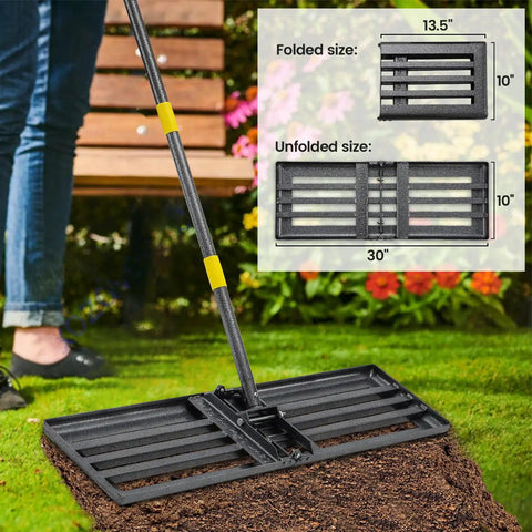 Pro Grade Heavy Duty Lawn Leveling Rake With 30x10 Foldable Leveler Plate And 6 Ft Adjustable Stainless Steel Shaft Reinforced Welds
