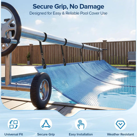 Heavy Duty Universal Pool Solar Cover Strap Kit Ten Sets on a reel, securely anchoring a blue solar cover by a swimming pool.