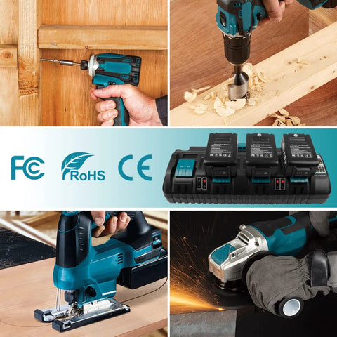 Four Port 18V Fast Charger For Makita Lithium Ion Batteries With Dual USB, Replaces DC18RC, DC18RD, DC18RA on work site