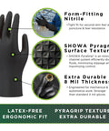 Hella Durable Black Nitrile Safety Gloves With Sick PyraGrip Texture For Superior Traction On Greasy Jobs, 8 mil thick for heavy duty use.