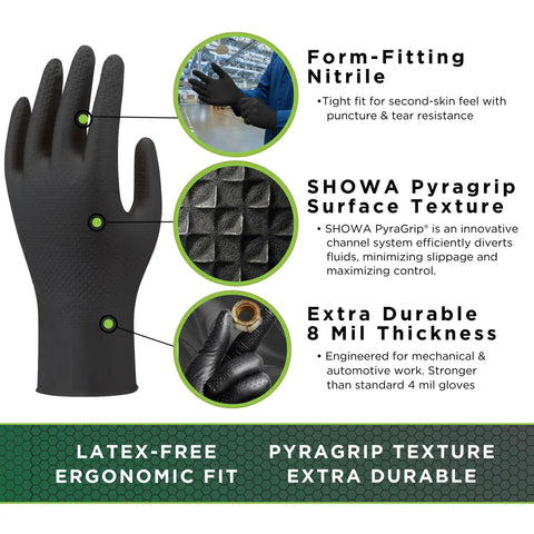 Hella Durable Black Nitrile Safety Gloves With Sick PyraGrip Texture For Superior Traction On Greasy Jobs, 8 mil thick for heavy duty use.