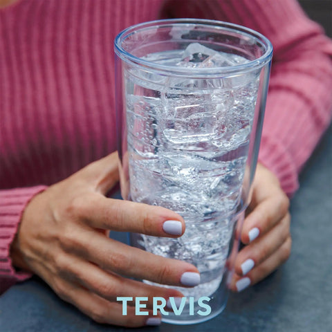 Person holding Tervis tumbler with ice, Washington Commanders 24oz Double Wall Insulated Tumbler Cup Keeps Drinks Cold or Hot All Day