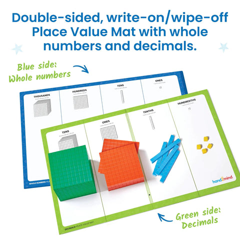 Multicolored Base Ten Blocks Activity Set on double-sided place value mat showing whole numbers and decimals for first-grade learning.
