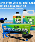 Dual Flow Water Muffs For Outboard Motors, Dockside Ready Double Sided Engine Flush Kit with bottles of boat soap and de-salt