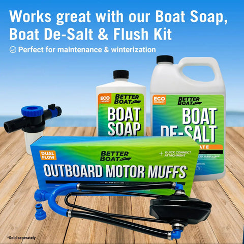 Dual Flow Water Muffs For Outboard Motors, Dockside Ready Double Sided Engine Flush Kit with bottles of boat soap and de-salt