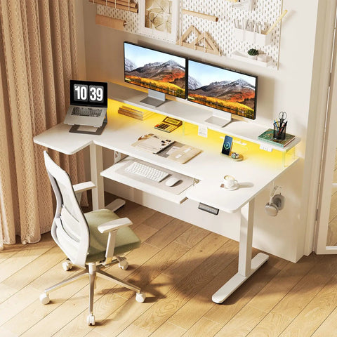U Shaped Electric Standing Desk With Keyboard Tray And Monitor Stand, 55 Inch Adjustable Sit Stand Table, White Home Office Setup