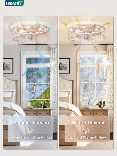 Total Game Changer Caged Ceiling Fan With Bright Light And Remote showing summer cooling and winter reverse airflow modes.