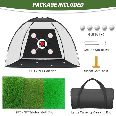Package contents of Backyard Golf Practice Net 10x7 ft with practice mat, target net, 5 balls, tee, and carrying bag.