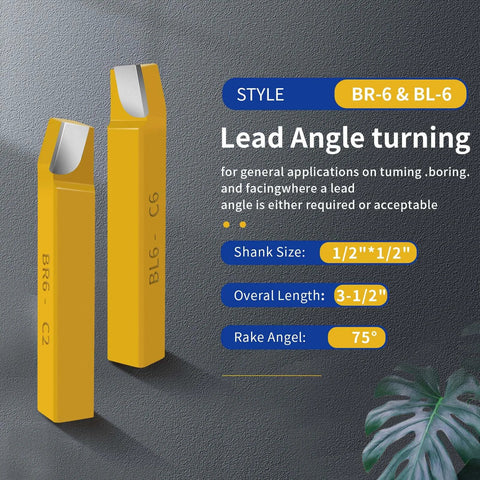 Front view of two yellow BR-6/BL-6 carbide-tipped lathe cutters with silver tips, 1/2" shank