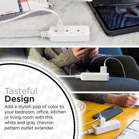 Designer Mini 3-Outlet Power Strip With 18 Inch Braided Cord Grounded Adapter Low Profile Flat Plug ETL Listed White Gray in use