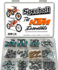 Euro Essentials Bolt Kit For KTM GASGAS And Husqvarna Bikes Fit All SX SXF EXC XC XCW Models 50 65 85 105 125 150 250 300 350 450 Includes Crucial Fasteners For Track And Trail Repairs in a transparent case with bike images on lid