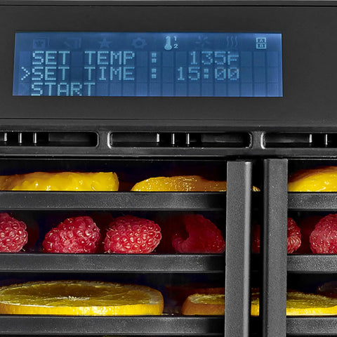 Smart digital control panel displaying settings on Super Durable 10 Tray Electric Food Dehydrator with fruits inside.