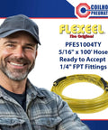 Flexeel Reinforced Polyurethane Air Hose 5/16-Inch ID, 100-Foot, shown with a man in a blue cap, includes brass fittings
