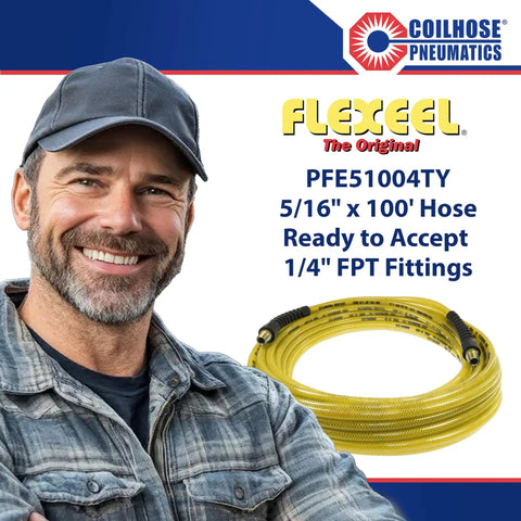 Flexeel Reinforced Polyurethane Air Hose 5/16-Inch ID, 100-Foot, shown with a man in a blue cap, includes brass fittings