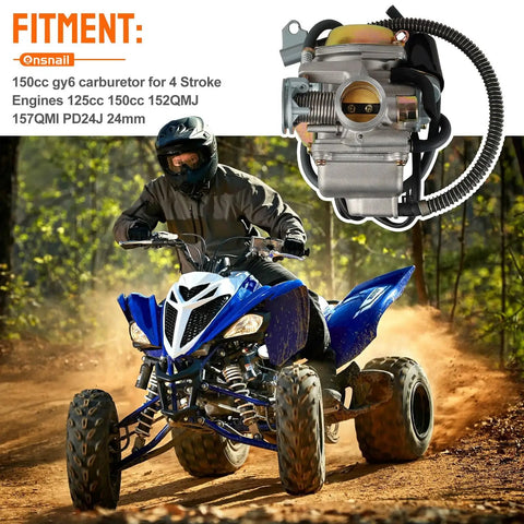 GY6 Carburetor PD24J 24mm for 125cc to 150cc 4 Stroke Engines Electric Choke Intake Manifold on ATV in forest setting