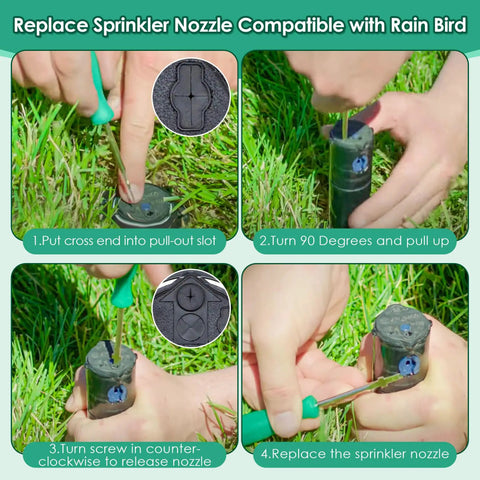 Step-by-step use of Sprinkler Head Tool Set for Rain Bird Irrigation Systems in grass with pull up and rotor adjustment tools.