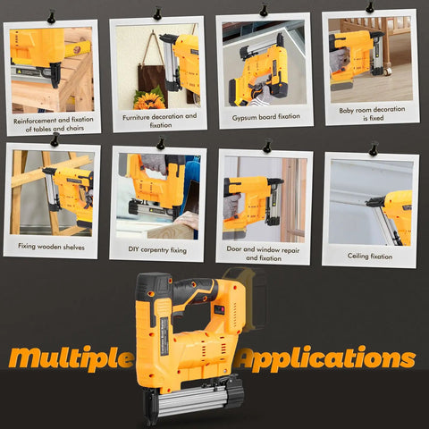 Cordless 18GA Brad Nailer And Electric Staple Gun Two In One Wire Free Nail Tool For Home Repair Easy DIY Woodworking Quick Fixes displayed with various applications