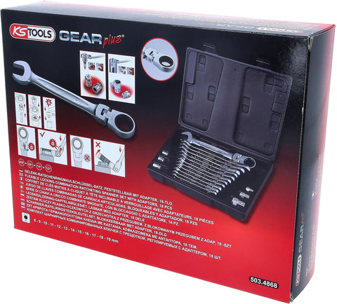 Box of GearPlus 18 Piece Ratcheting Spanner Set With 180 Degree Swivel Head 72 Tooth Gear System Includes 12 Wrenches and 6 Adapters
