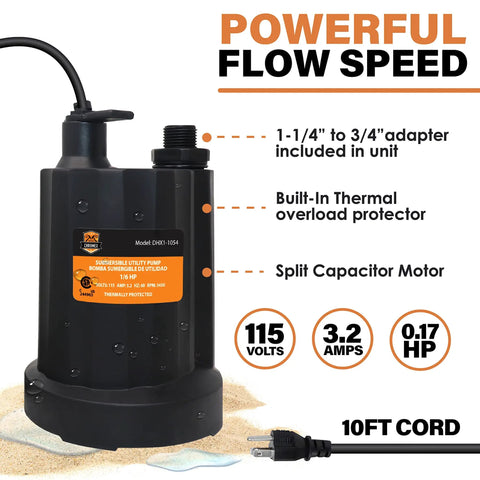 Black 1/6 HP pump for Tankless Water Heater Descaler Kit, featuring split capacitor motor and thermal overload protector.