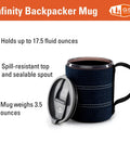Lightweight Neoprene Backpacker Mug for Camping and Backpacking 17 oz spill resistant Sip-It lid ultralight camp cup in blue.