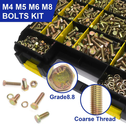 Top Shelf Built Tough Metric Bolt And Nut Assortment 919 Piece Set M4 M5 M6 M8 with grade 8.8 coarse thread bolts in organizer.