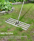 30 Inch Lawn Leveling Rake With 7 Foot Adjustable Handle Heavy Duty Stainless Steel Rustproof Yard Rake in use on grass