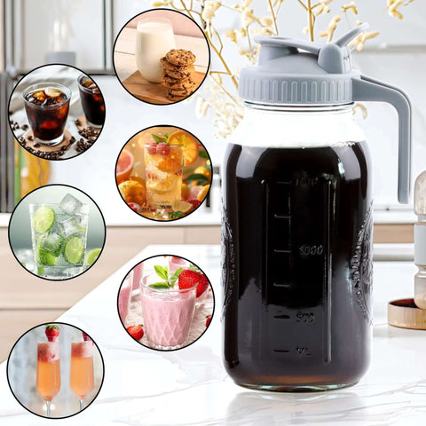 32 Oz Mason Jar Cold Brew Pitcher With Strainer And Wide Mouth Glass Spout Lids For Fridge Iced Coffee Tea Lemonade Sun Tea