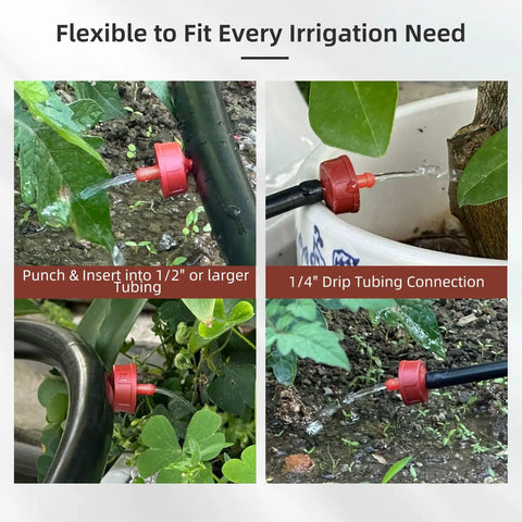 Pressure Compensating Drip Irrigation Emitters 4 GPH Self Cleaning Constant Flow Heads installed in garden setup