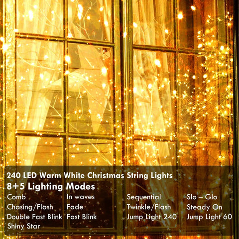 240 LED 88ft Connectable String Lights Indoor Outdoor Warm White Fairy Lights illuminating a window with timer and memory features.
