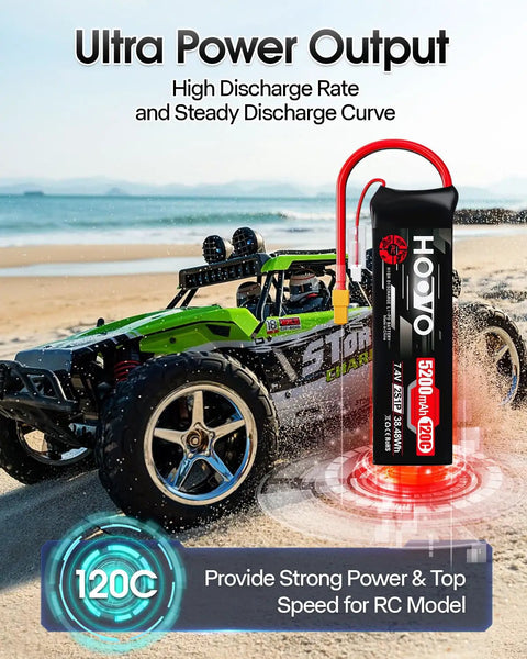 2S LiPo Battery Pack 7.4V 5200mAh 120C Soft Case XT60 Plug for RC Cars in front of a beach scene