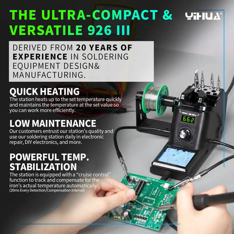 Pro Grade 60W Digital Soldering Station Kit with two handy helping hands, showing temperature control and circuit board soldering.
