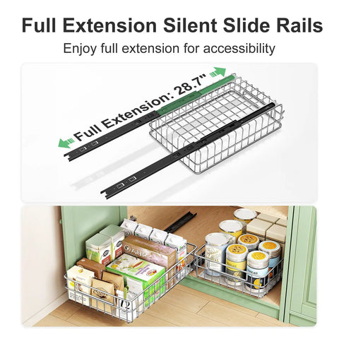 Heavy Duty Stainless Steel Pull Out Cabinet Organizer Two Pack with full extension slide rails and accessible storage for spices.