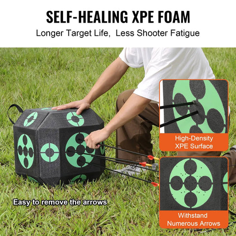 Person using 15x15 All-Side Archery Target Block Portable Crossbow Practice Target with Carry Handle outdoors on grass