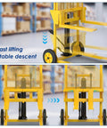 Hydraulic pallet lift with yellow steel frame and forks extended; two units shown from the front.
