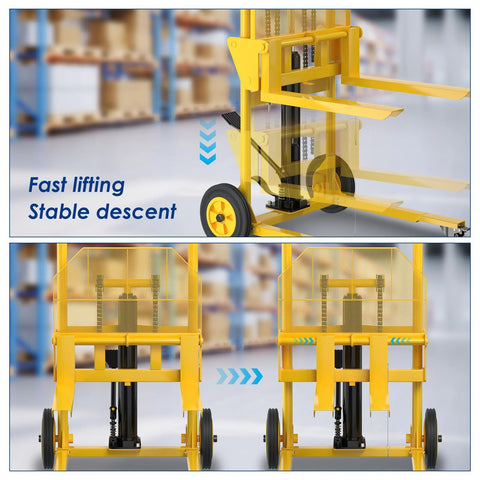 Hydraulic pallet lift with yellow steel frame and forks extended; two units shown from the front.